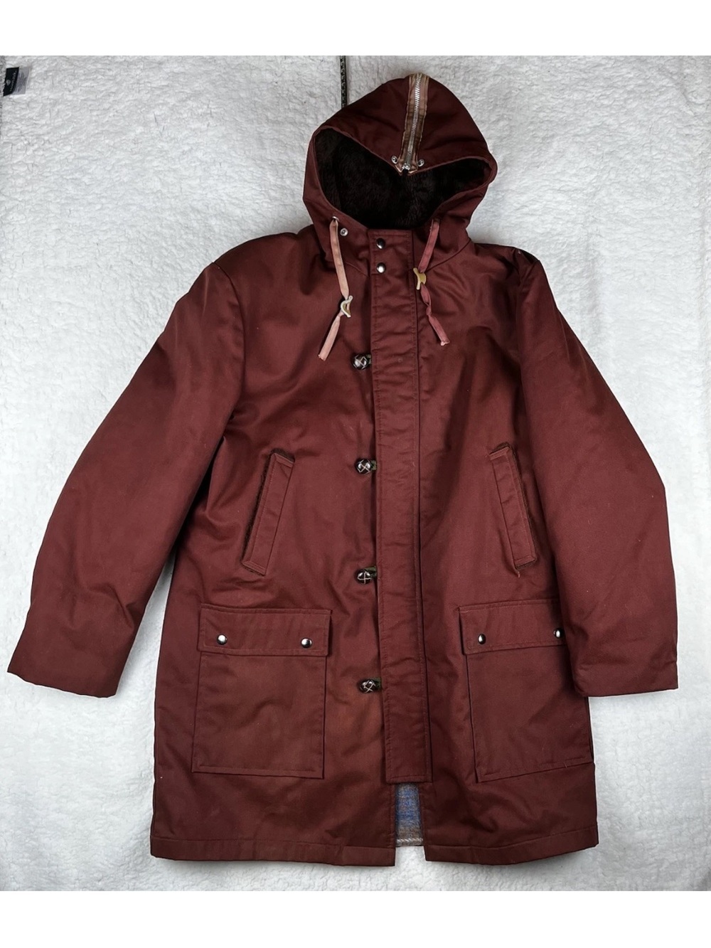 Vintage 80s Sears Canvas Burgundy Talon Zip Jacket Wood Buttons Faux Fur Lined